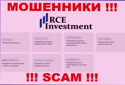 На сайте мошенников RCE Investment, показаны фейковые данные о руководящем составе