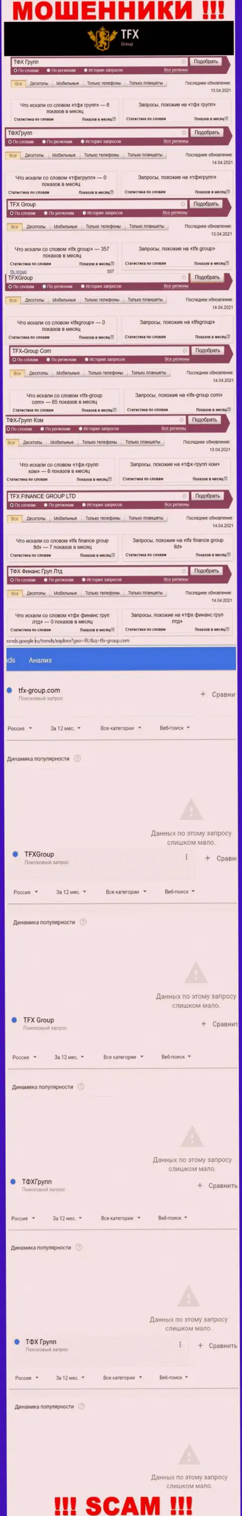 Число поисковых запросов по мошенникам TFX Group в глобальной сети