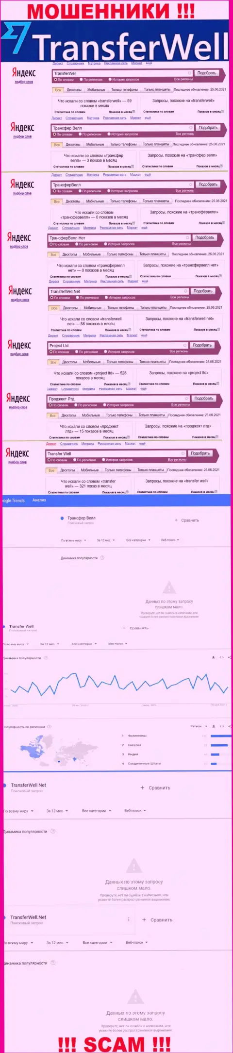 Количество online запросов в поисковиках internet сети по бренду мошенников Transfer Well