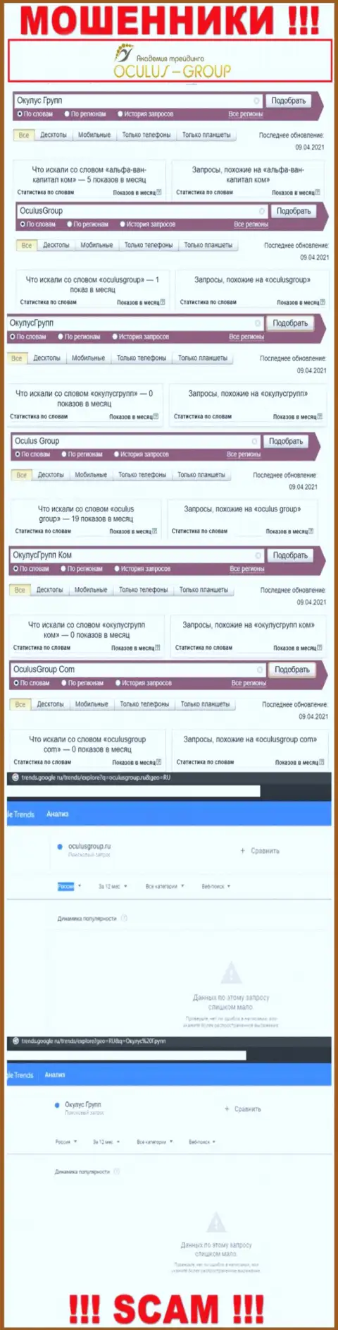 Статистические данные интернет-запросов в поисковиках относительно воров ОкулусГрупп Ком