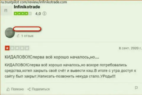 ИнфиникоТрейд средства своему клиенту выводить отказались - правдивый отзыв жертвы