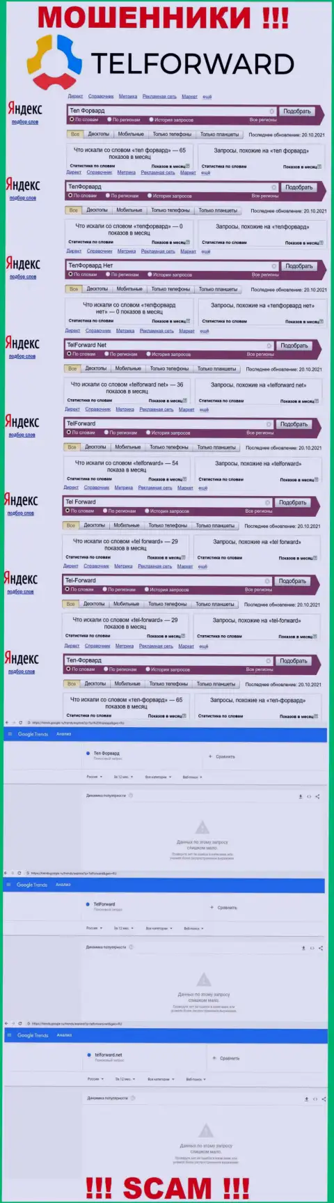 Статистические данные online запросов в поисковиках касательно кидал TelForward