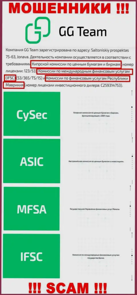 Регулятор - CySEC, как и его подконтрольная компания GG Team - это МОШЕННИКИ