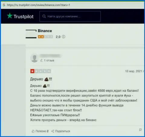Недоброжелательный комментарий, направленный в адрес жульнической компании Binance