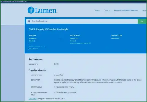 Жалоба аферистов JoyCasino в сервис lumendatabase org