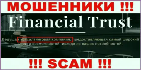 Основная работа Financial Trust - это Consulting, будьте крайне внимательны, действуют незаконно