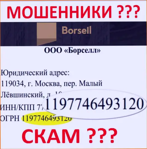 Номер регистрации противозаконно действующей конторы Borsell Ru - 1197746493120