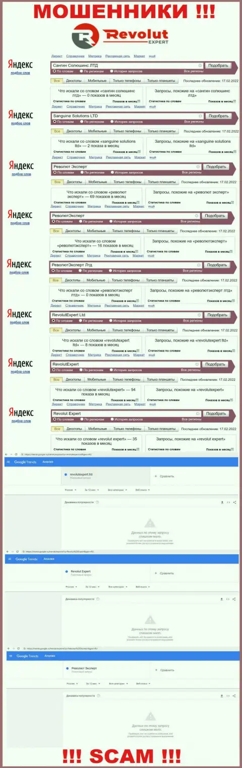 Сведения о online запросах по бренду интернет жуликов Sanguine Solutions LTD