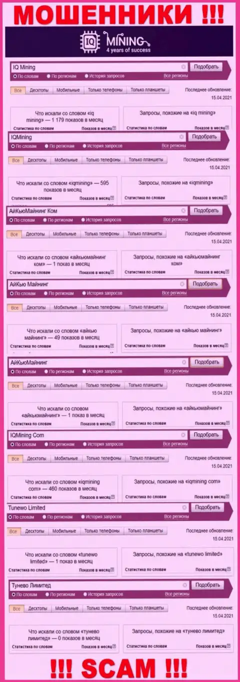 Результат онлайн запросов инфы про мошенников IQMining в глобальной интернет сети
