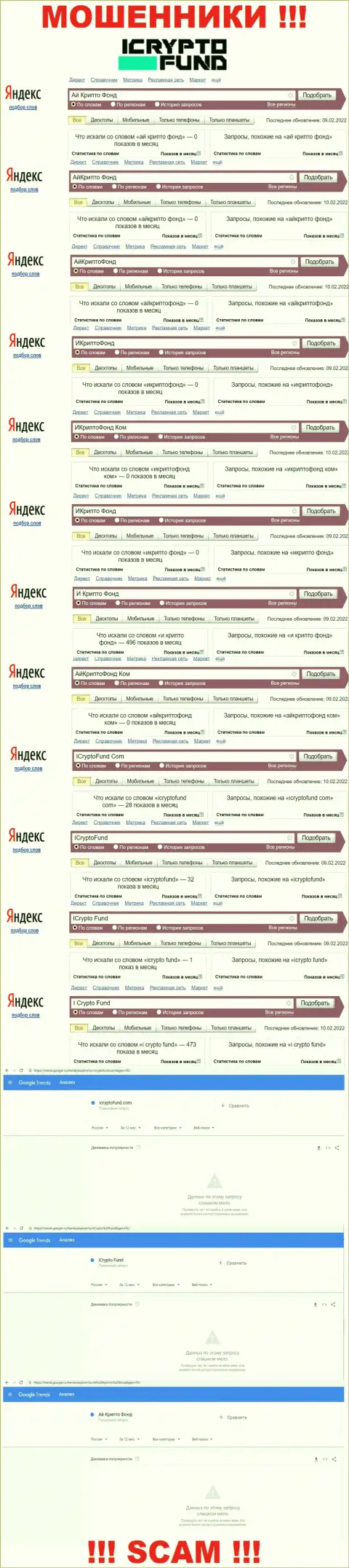 Скриншот результата online запросов по мошеннической компании ICryptoFund