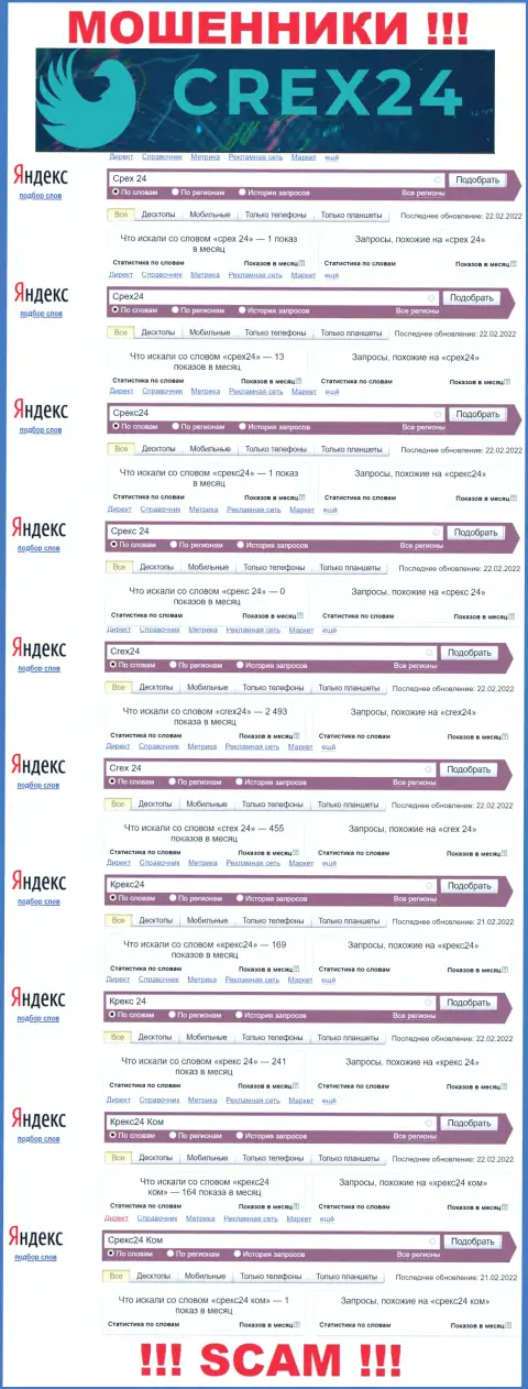 Статистика онлайн-запросов в поисковиках глобальной сети касательно мошенников Crex 24