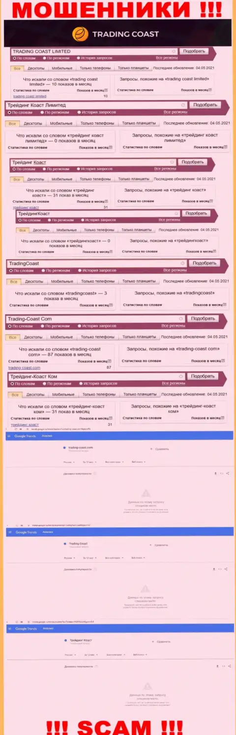 Скриншот статистических показателей запросов по противозаконно действующей конторе Trading Coast