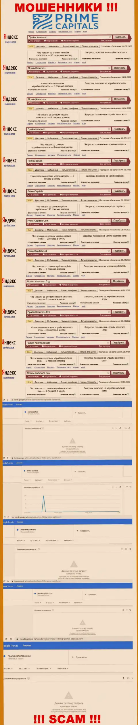 Суммарное число поисковых запросов по кидалам Prime-Capitals Com в internet сети