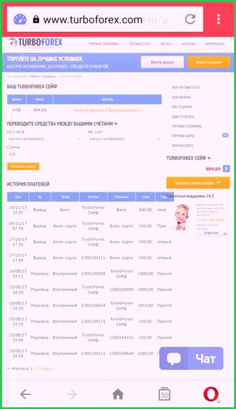 Движения по счету в Турбо Форекс