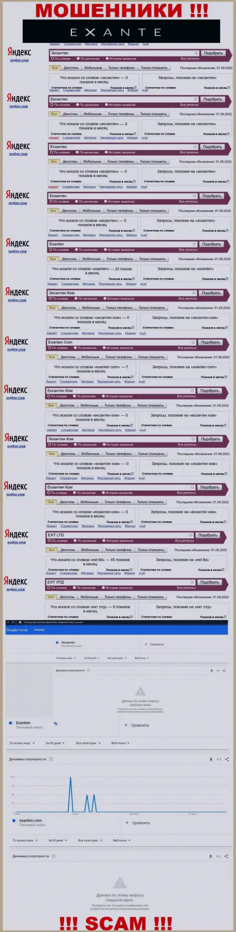 Статистические показатели поиска материала о бессовестных обманщиках Exanten