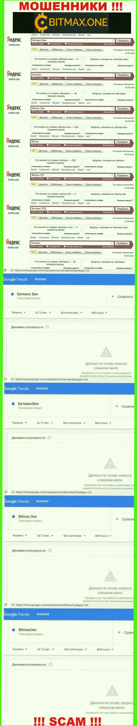 Статистические показатели брендовых онлайн запросов по преступно действующей компании Битмакс Ван